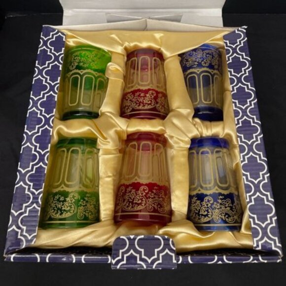 Vintage Moroccan Style Tea/Juice Glasses Set of 6 Red Green Blue & Gold - Picture 1 of 9